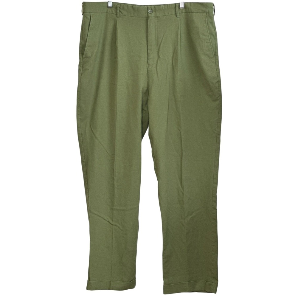 Trust Men Pants Olive Green Linen Blend Pleated Cuffed Smart Casual Resort 40/32